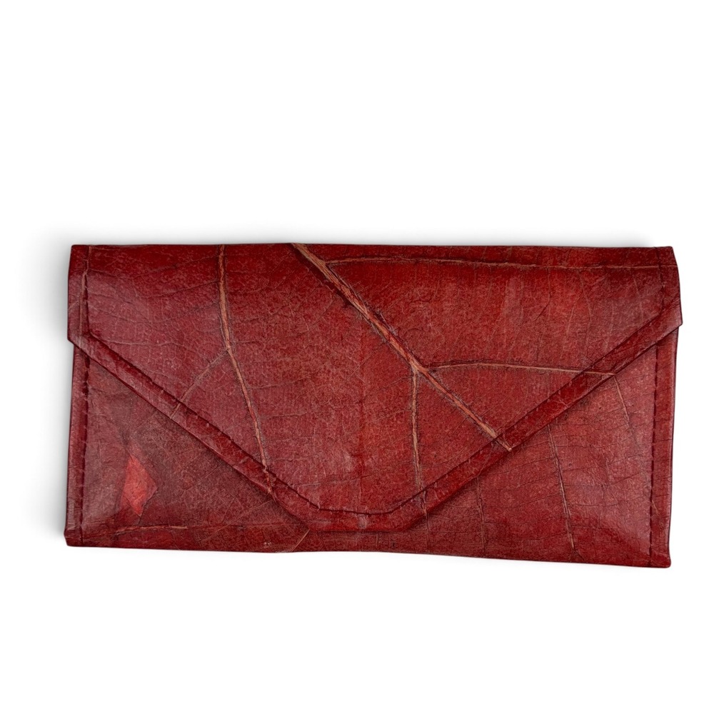 Tree Tribe Leaf Leather Long Wallet Crimson Red Vegan Teak Leaf Handmade Thai